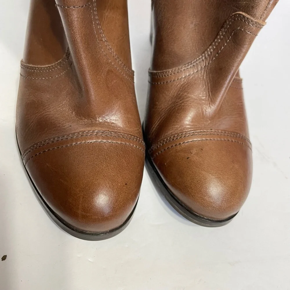 Brown leather Heeled Boots 7.5 Sebago Buckle Ankle Stacked Heel Ashton Cognac